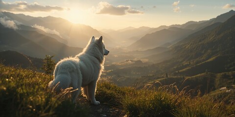 White dog in mountainous terrain, highlighting outdoor activity and animal companionship, World Animal Day