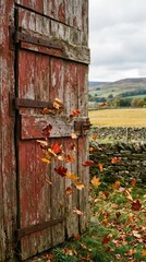 Doorway Surrounded by Colorful Autumn Leaves in Rustic Landscape
