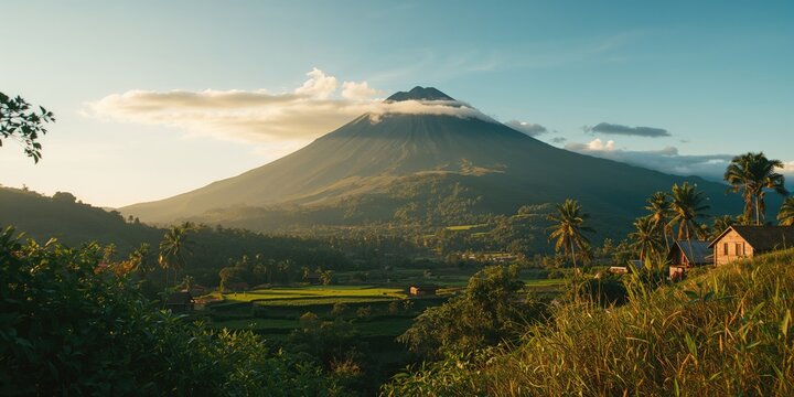 Rural Indonesian community close to erupting Merapi volcano, highlighting volcanic landscape and traditional housing