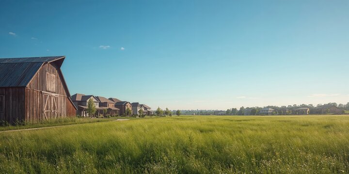 Bright daytime view of a rural barn adjacent to contemporary houses, highlighting the mix of countryside and city living