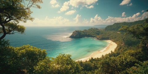 Fototapeta premium Scenic summer landscape showing bottle beach from elevated viewpoint with water sky and forest, travel setting