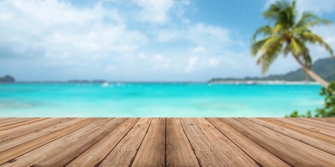 Naklejka premium Wooden pier with weathered planks over a coastal scene featuring palm trees and bright water, used as a background for editorial headers, Earth Day