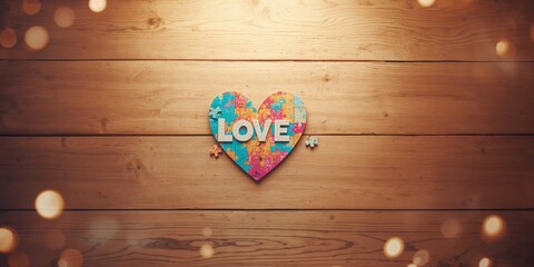 Close-up of a love-shaped jigsaw puzzle assembled on a wooden surface, symbolizing unity and collaboration, International Day of Friendship