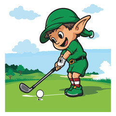 Cute cartoon elf character playing golf in a green hat and attire, taking a swing at a golf ball on a tee with a golf club on a sunny green course with blue sky