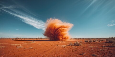 Australian outback scene with a swirling dust storm, seasonal erosion risk