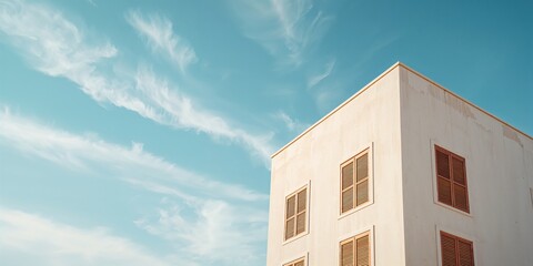 House featuring expansive window panes and wooden shutters in warm weather, highlighting building style