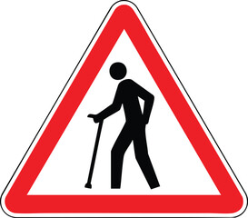 Disabled Pedestrian Warning Road Sign Showing Person With Walking Stick For Road Safety