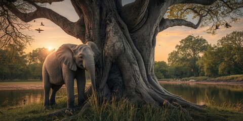 Fototapeta premium Baby elephant resting in lush forest at dusk, highlighting wildlife conservation efforts