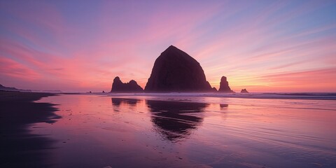 Oregon's Haystack Rock at sunset, coastal landscape with ocean and waves, capturing erosion patterns at dusk