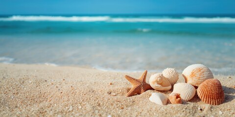 Sea shells resting on sandy beach surface, natural textures suitable for background or layout design