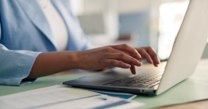 Hands, business and woman typing on laptop for research, finance planning and budget review. Accountant, keyboard and pc for funding email, financial data entry and documents for investment proposal