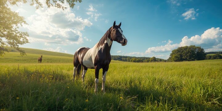Paint horse grazing on grass in an open field, highlighting rural landscape and daytime lighting