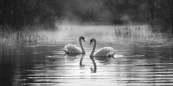 Pair of monochrome swans floating peacefully, suitable background for nature or wildlife editorial
