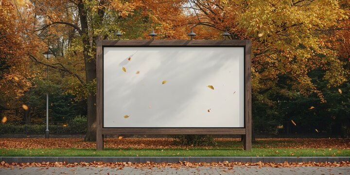 Blank signboard with white space for mockup in city park during fall, intended for graphic placement and visual planning