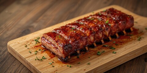 Pork ribs glazed with spicy sauce on a dining board, barbecue preparation and meal presentation