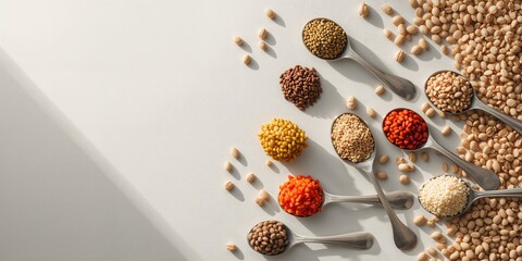 Fototapeta premium Collection of grains and legumes in spoons on a neutral background, suitable for culinary layout
