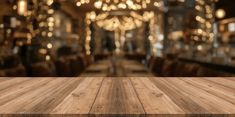 Wooden table surface with bokeh lights in a blurred restaurant backdrop, ideal for menu backgrounds or editorial layouts