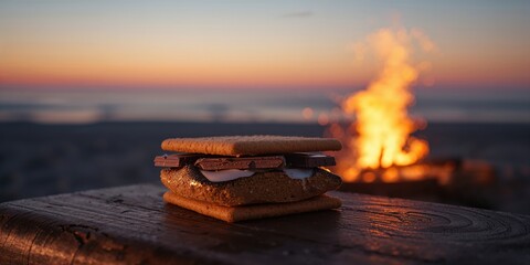 Beachside s'mores with melted marshmallow and chocolate, highlighting outdoor leisure activities, summer celebration