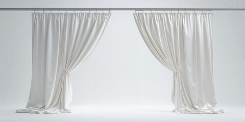 White curtains suspended on a rail in front view, suitable for interior design layouts