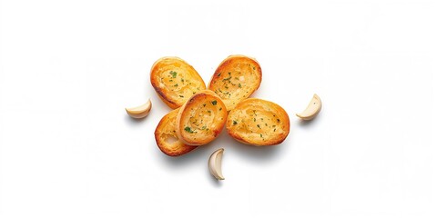 Pieces of garlic bread and garlic on white background, baked bread and raw ingredients, food safety awareness day