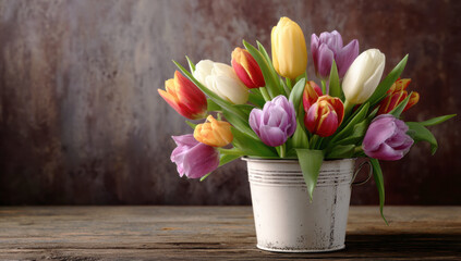 Colorful tulips bouquet in white rustic metal bucket on vintage wooden table with dark brown background