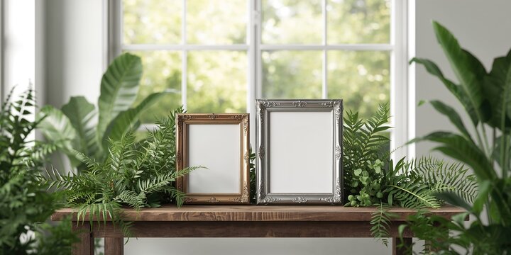 Photo frames showcasing lush foliage serving as nature-inspired interior decor, Earth Day
