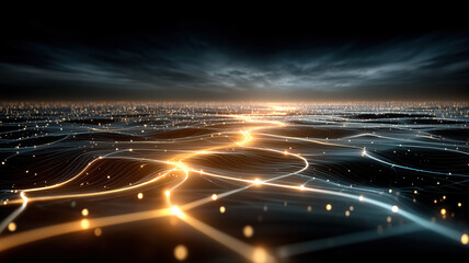 Digital cyberspace earth surface covered with glowing golden lines and dots abstract dark background. Concept of futuristic cyber technology network and augmented reality.