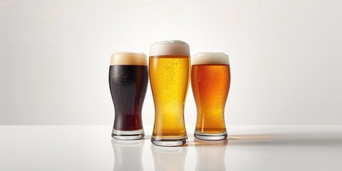 Assortment of three craft beer pints including stout, ale, pilsner, and lager on a white backdrop, highlighting different brewing methods