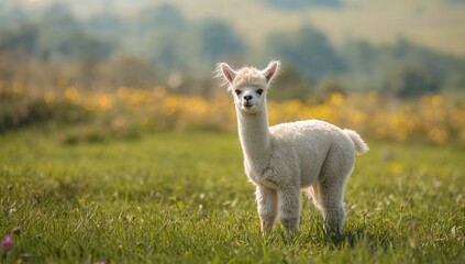 Obraz premium Young White Alpaca resting on grass, highlighting fleece texture and relaxed stance for farm animal care, World Animal Day