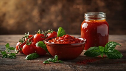 Cherry tomatoes on branches with basil and tomato paste, highlighting fresh produce for cooking, World Nutrition Day