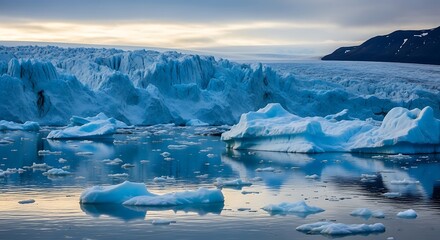 Vast glacier with towering ice formations and floating icebergs on calm reflective water, dramatic arctic landscape, serene blue and white hues, distant snow-capped mountains under twilight sky