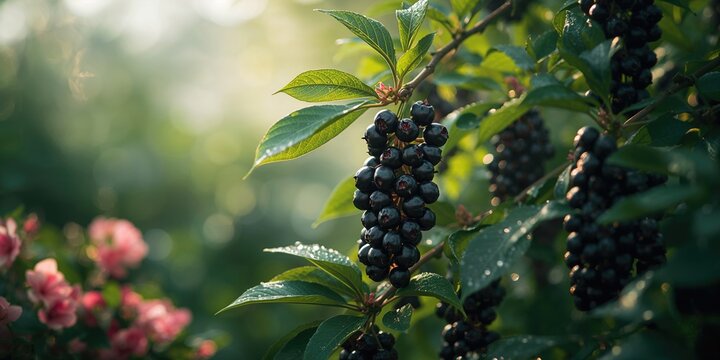 Ripening black berries on pokeweed branches, illustrating natural fruit maturation
