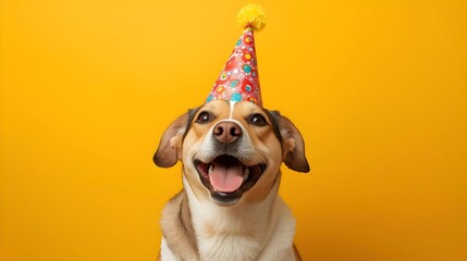 A happy dog with party hat on a yellow background