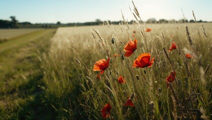 Sunlit poppies in a countryside setting, providing a natural floral backdrop for text and graphic placement, Earth Day
