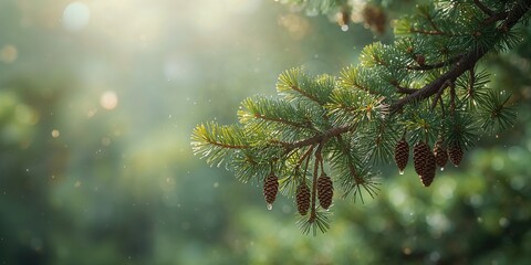 Pine tree with morning sunlight on branch tips, emphasizing seasonal change