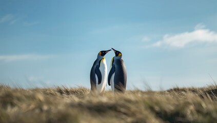 King penguins performing courtship at Volunteer Point, focusing on wildlife interaction, Falkland Islands, South Atlantic, World Wildlife Day
