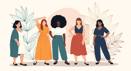 Fototapeta premium Five confident and diverse women of various ethnicities and body types are standing together celebrating female empowerment.