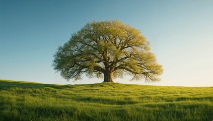 Spring meadow featuring a prominent tree with vibrant green leaves, used as a background for layout design
