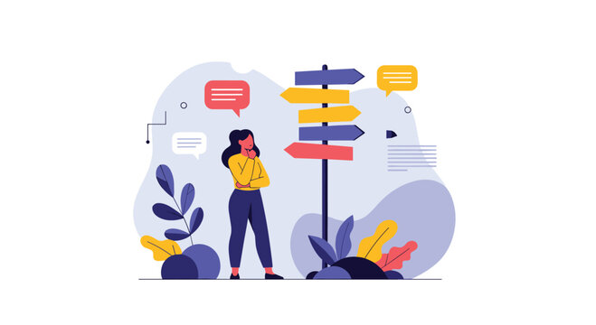 A thoughtful woman is standing by a multi-directional signpost reflecting on her future career and life path decisions.