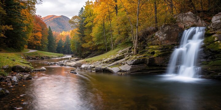 Scenic waterfall in Ricketts Glen State Park with lush greenery, ideal for nature photography, Earth Day