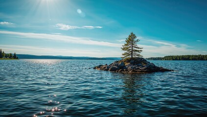 Tiny island featuring a solitary pine tree in clear blue waters of a major Swedish lake, used for scenic navigation