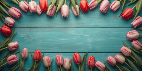 Colorful tulips laid on weathered turquoise wood, spring blooms serving as a backdrop for greeting cards, seasonal floral decoration, International Women's Day