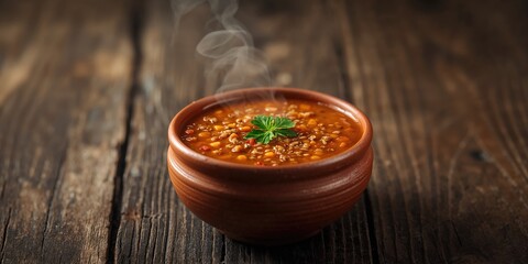 Quinoa and lentil soup with red rice presented in a traditional clay bowl, highlighting wholesome grains, World Food Day
