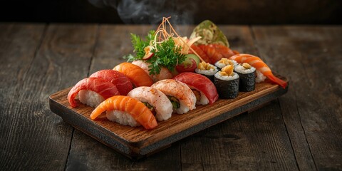 Seafood sushi placed on a textured wooden surface, suitable for food layout or menu background