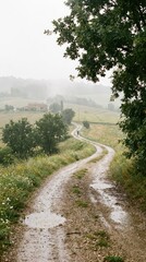 Serene Winding Country Road in Foggy Landscape on Rainy Day