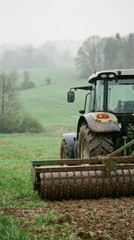 Fototapeta premium Tractor Plowing a Green Field Under Gray Cloudy Sky in Spring