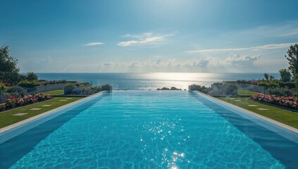 Outdoor swimming pool with bright blue water, intended for recreation, summer holiday