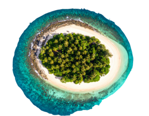 Aerial View of Mini Floating Island with Turquoise Water and Sandy Shoreline, PNG Transparent