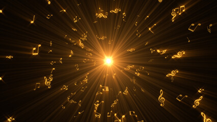 golden music notes and sun light rays ,musical nota shiny glowing metallic gold song and concert social media background