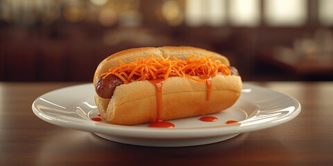 Hot dog served on a plate fast food consumption, ideal for urban eating habits